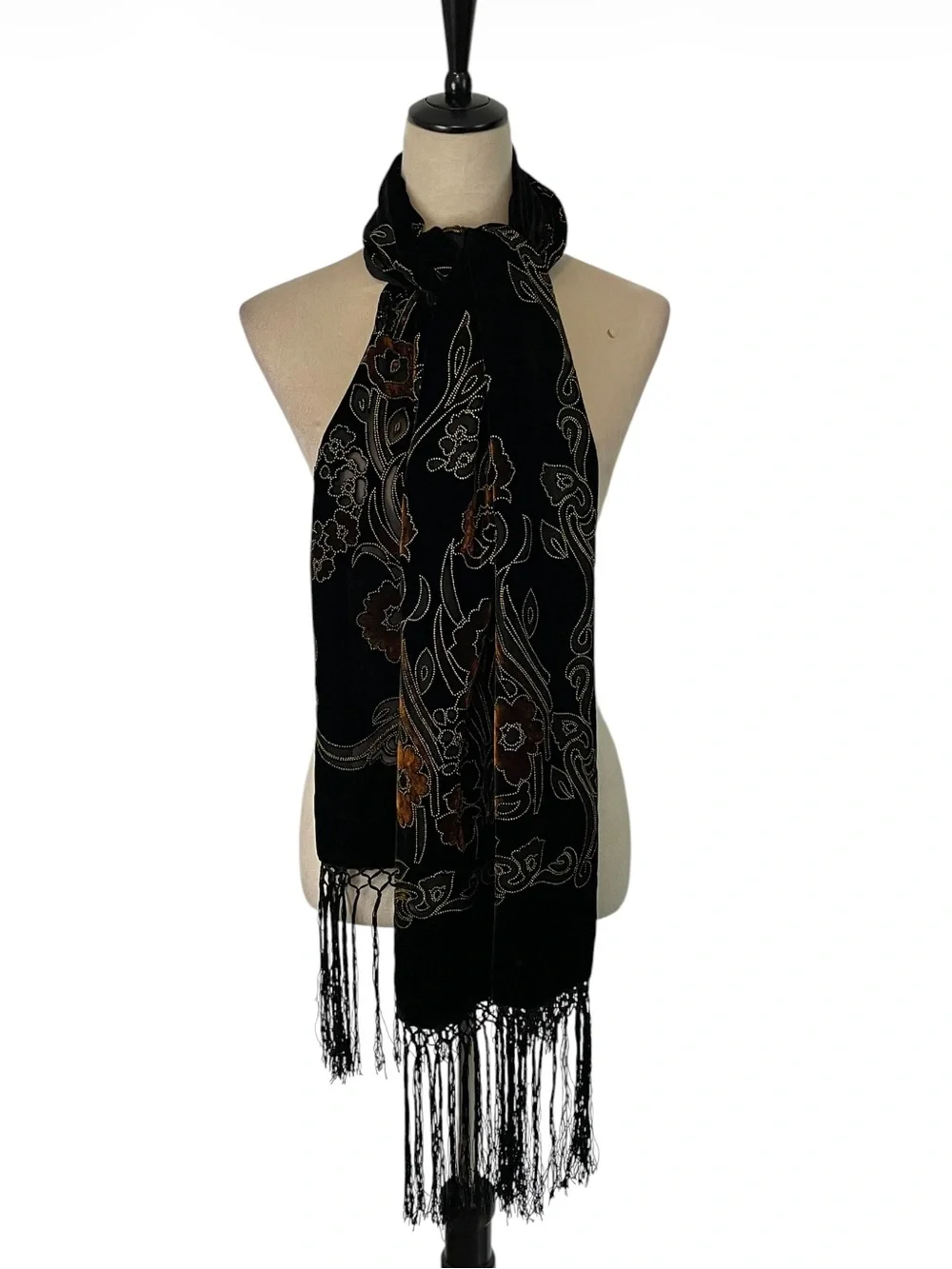 ManaGrove & NY Black Velvet Burnout  Fringe Scarf